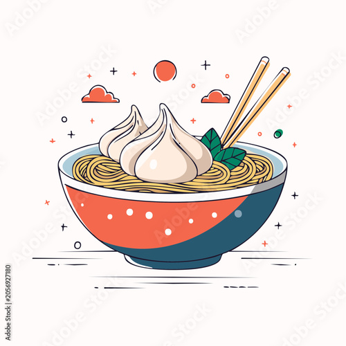 Stylized Illustration of Dumplings and Noodles in a Bowl with Chopsticks