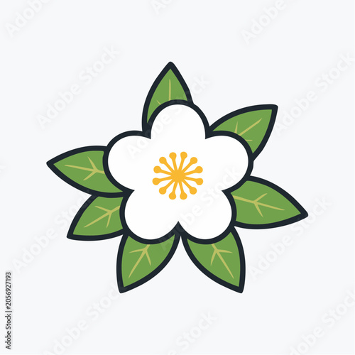 Stylized White Flower with Green Leaves Icon