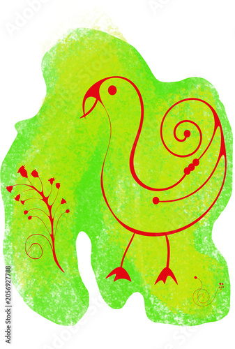 A stylized duck and plants are hand-drawn in red against a green and yellow background.