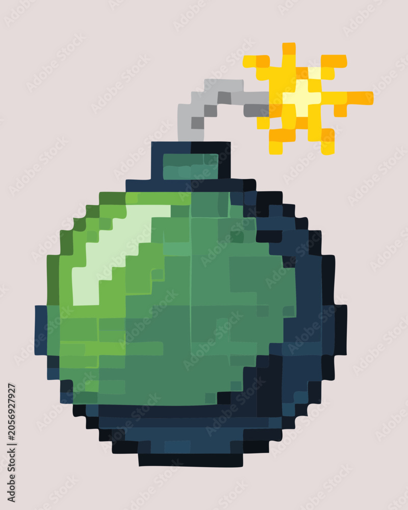 Fototapeta premium Vintage green round bomb weapon element with burning spark fuse for gaming interface layout design pixel art digital illustration vector