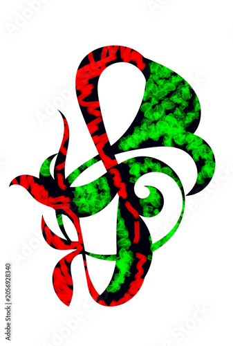 Red and green colors on dark shapes in an abstract composition with a struggle of contrasts.