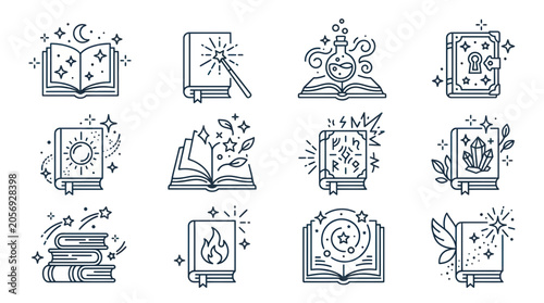 Obraz na plátně Magic Books Icons Set: Fantasy, Sorcery, Alchemy, Wizardry, Spellbook, Knowledge