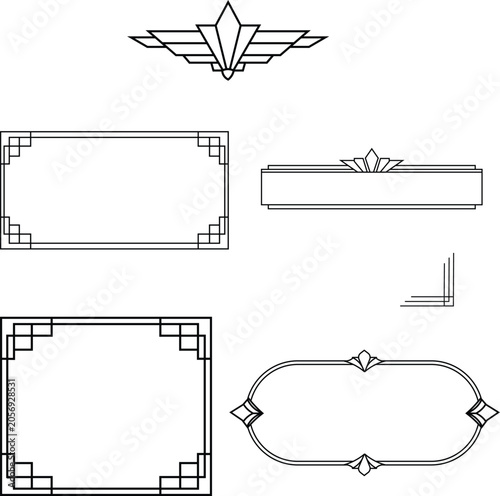 Art Deco Geometric Border and Frame Vector Elements Set, Minimalist Retro Outline Labels and Design Accents