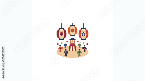 Japanese Festival Scene with Lanterns and People in Kimono