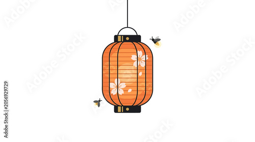Japanese Lantern with Cherry Blossoms and Fireflies on White Background