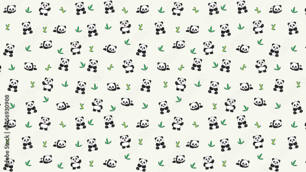 Obraz premium Cute pandas play among green bamboo leaves. Simple, playful design for children's projects. Soft cream background adds gentle charm. Perfect for nursery rooms or educational printables