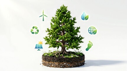 A tree grows on a soil base surrounded by eco-friendly icons.