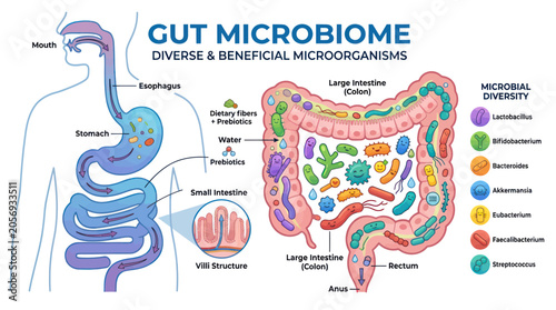 Schilderij op canvas Gut Microbiome: Diverse Beneficial Microorganisms in Human Digestive System