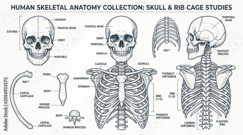 Obraz na płótnie Human Skeletal Anatomy: Skull, Rib Cage, Sternum, Vertebrae, Clavicle