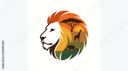 Photography Majestic Lion Head Silhouette with African Wildlife Safari Scene Inside