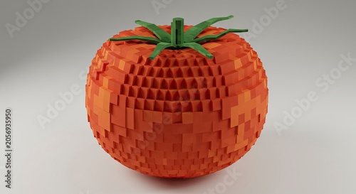 Pixelated Tomato with Green Stem on Gray Background