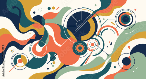Schilderij op canvas Organic flowing shapes intersecting with precise geometric circles and arcs, mod