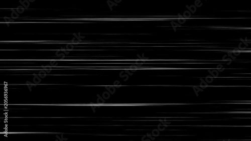 Abstract black background with horizontal white streaks of light resembling fast motion or speed lines creating a dynamic and energetic visual effect for digital