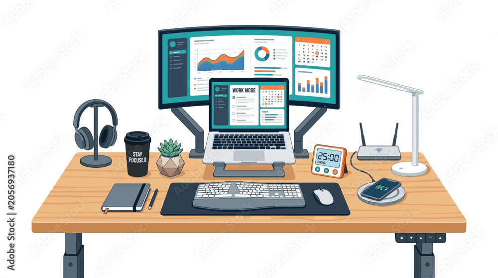 Fototapeta premium A cluttered office desk with computer, laptop, and accessories in a workspace.