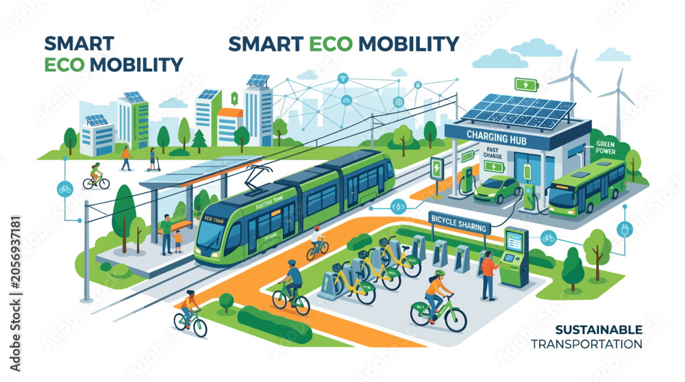 Obraz premium Eco-friendly transportation options including trains and bicycles are shown in a futuristic cityscape with solar panels and wind turbines.