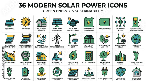 Bild auf Leinwand Modern Solar Power Icons for Green Energy and Sustainability Concepts