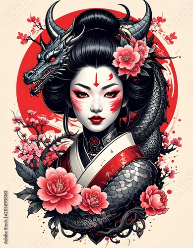Mythic geisha with dragon and blossoms