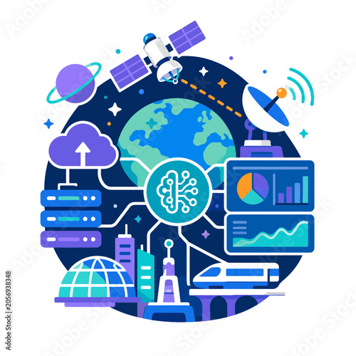 Принти на полотні Global Digital Technology and Artificial Intelligence Concept Icon with Smart Ci