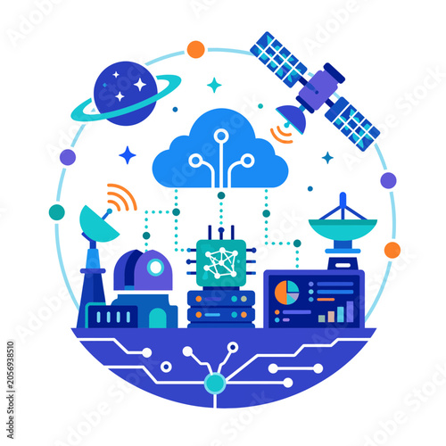 Foto Space technology and cloud computing system network icon vector illustration wit