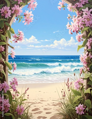 Floral archway to ocean vista