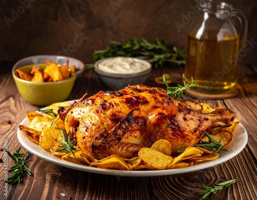 Golden roasted bird with crispy chips