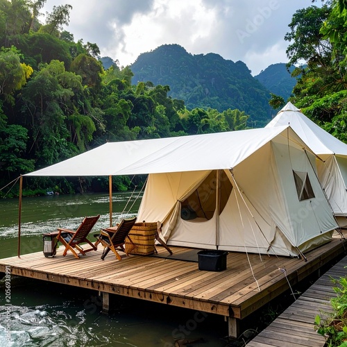 Lakeside glamping tents with chairs