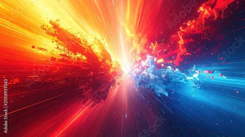 Dynamic abstract composition. Color streaks and particles explode from a central point