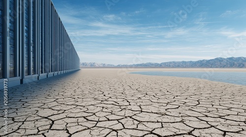Massive AI Data Center Beside Dry Reservoir Shows Water Consumption, Drought Risk, and Environmental Technology Cost.