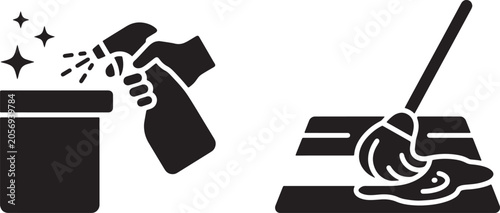 Εκτύπωση καμβά Art & Illustration, Dark silhouette icons showing a specialized aerosol bottle spraying a surface next to a traditional squeegee mop washing a tiled floor