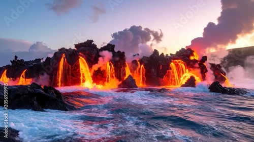 Fiery lava flows into the ocean, creating steam and a vibrant sunset