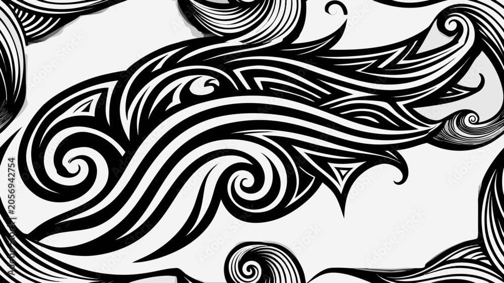 Fototapeta premium Monochrome tribal wave ornament seamless pattern vector design with ornament seamless monochrome abstract decorative background minimalist wallpaper continuous contrast geometry creative
