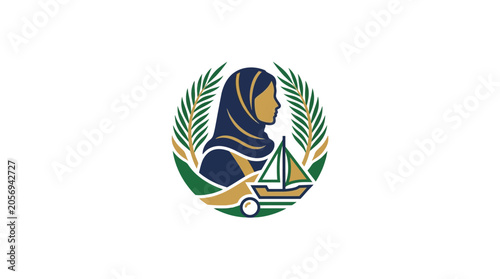 Tableau sur toile Middle Eastern Woman Emblem with Traditional Dhow and Palm Leaves