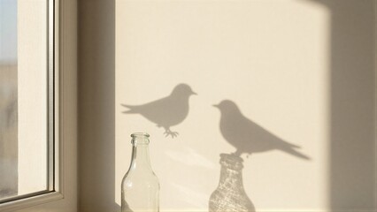 Sunlight casts bird shadows on a wall beside two glass bottles.