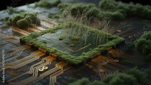 A circuit board with green moss growing on it and gold wires, symbolizing nature and technology combining