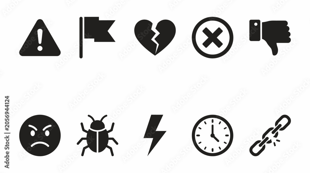Fototapeta premium Set of black flat UI and UX web interface icons representing negative states.
