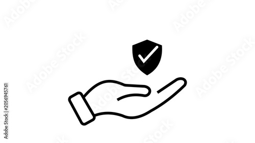 A black line of an open hand presenting a shield with a checkmark inside, symbolizing security, protection, and verified safety, set against a clean white background. Keywords: black line