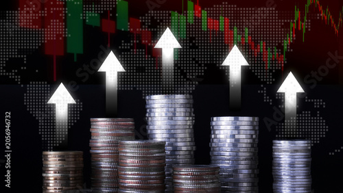 Stacks of coins with glowing upward arrows, candlestick chart and world map on dark background, representing investment growth, stock market success, financial strategy, global economy and wealth mana