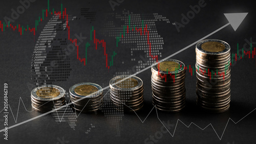 Growing stacks of coins with financial chart, world map and upward arrow on dark background, representing investment growth, business success, economic trend, wealth management and global finance.