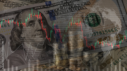 US dollar banknotes with stacked coins, financial chart and global market overlay illustrating investment strategy, economic growth, stock trading, wealth management, business finance and market volat