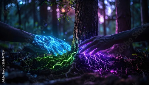 Glowing neon lights in forest.