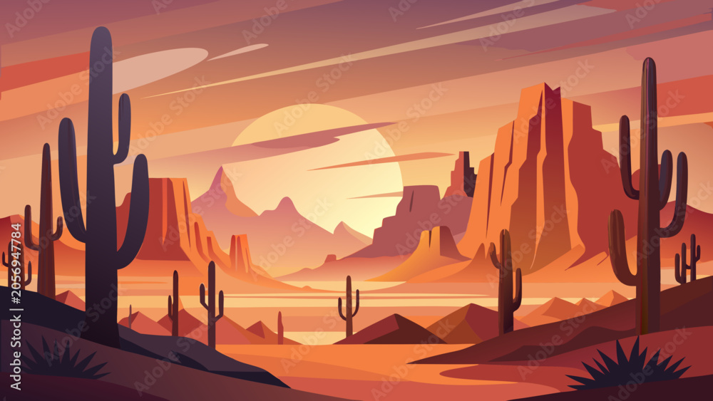 Naklejka premium Desert landscape with giant saguaro cacti and rock formations at sunset landscape mountains wilderness illustration environment beautiful panoramic formation dramatic daylight adventure