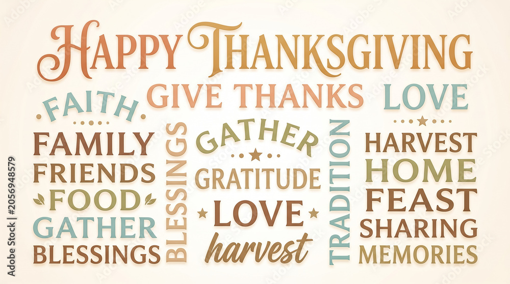 Obraz premium Happy Thanksgiving typography banner with seasonal autumn words