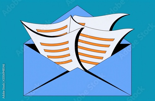 Vector Illustration of an Open Blue Envelope with Multiple Paper Documents for Business Communication
