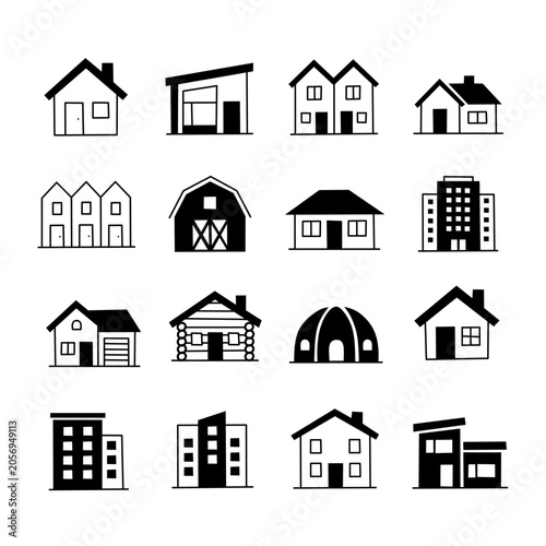 Collection of house and building icons featuring various residential and commercial architectural styles. Simple black and white vector set isolated on a light background