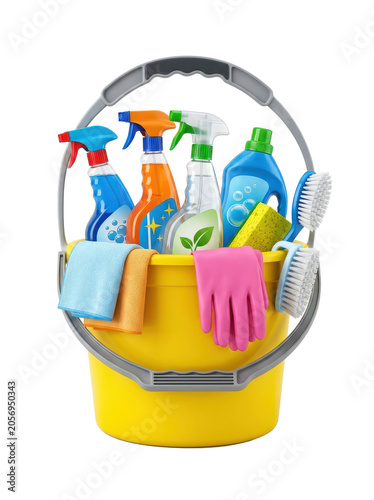 Cleaning supplies in a yellow bucket on white background