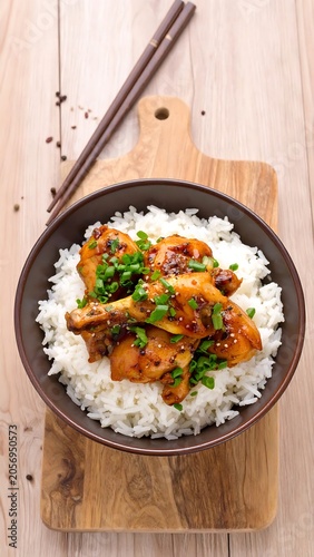 A bowl of savory rice dish with chicken and herbs on a wooden board