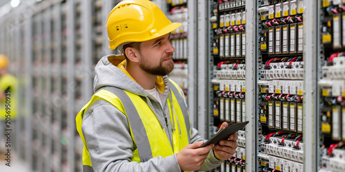 UPS maintenance technician inspecting backup power systems, Battery banks, Critical infrastructure