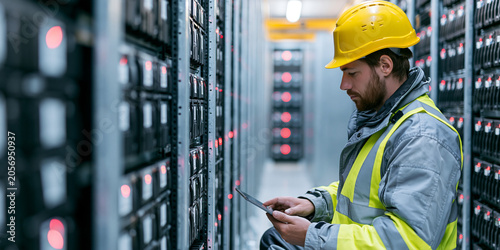 UPS maintenance technician inspecting backup power systems, Battery banks, Critical infrastructure