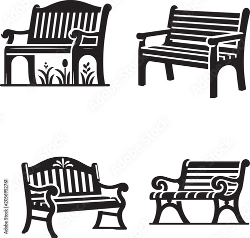 Set of Park Bench Icons, Garden Wooden and Cast Iron Bench Silhouettes
