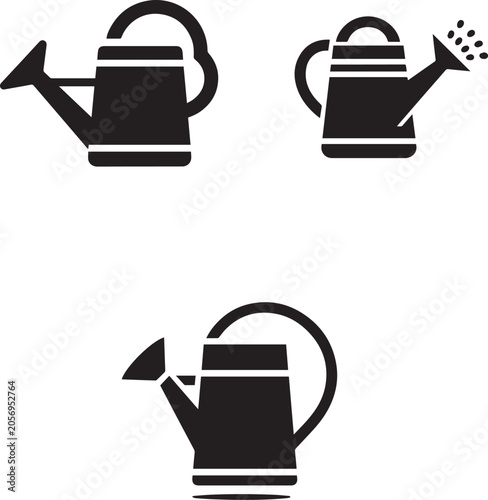 Set of Watering Can Icons, Garden Equipment and Plant Care Silhouettes